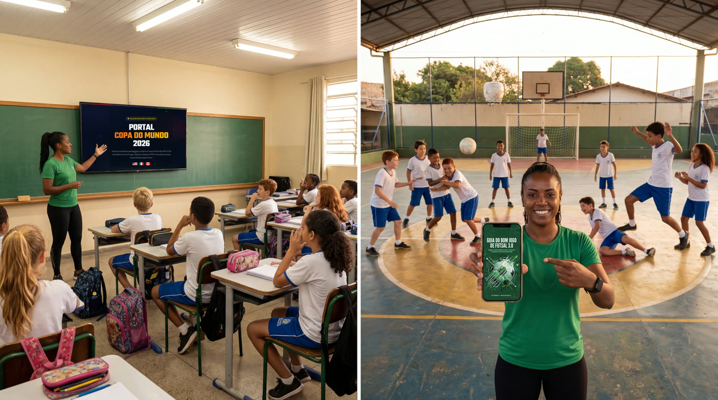Professora mostrando o portal na sala de aula e alunos brincando na quadra