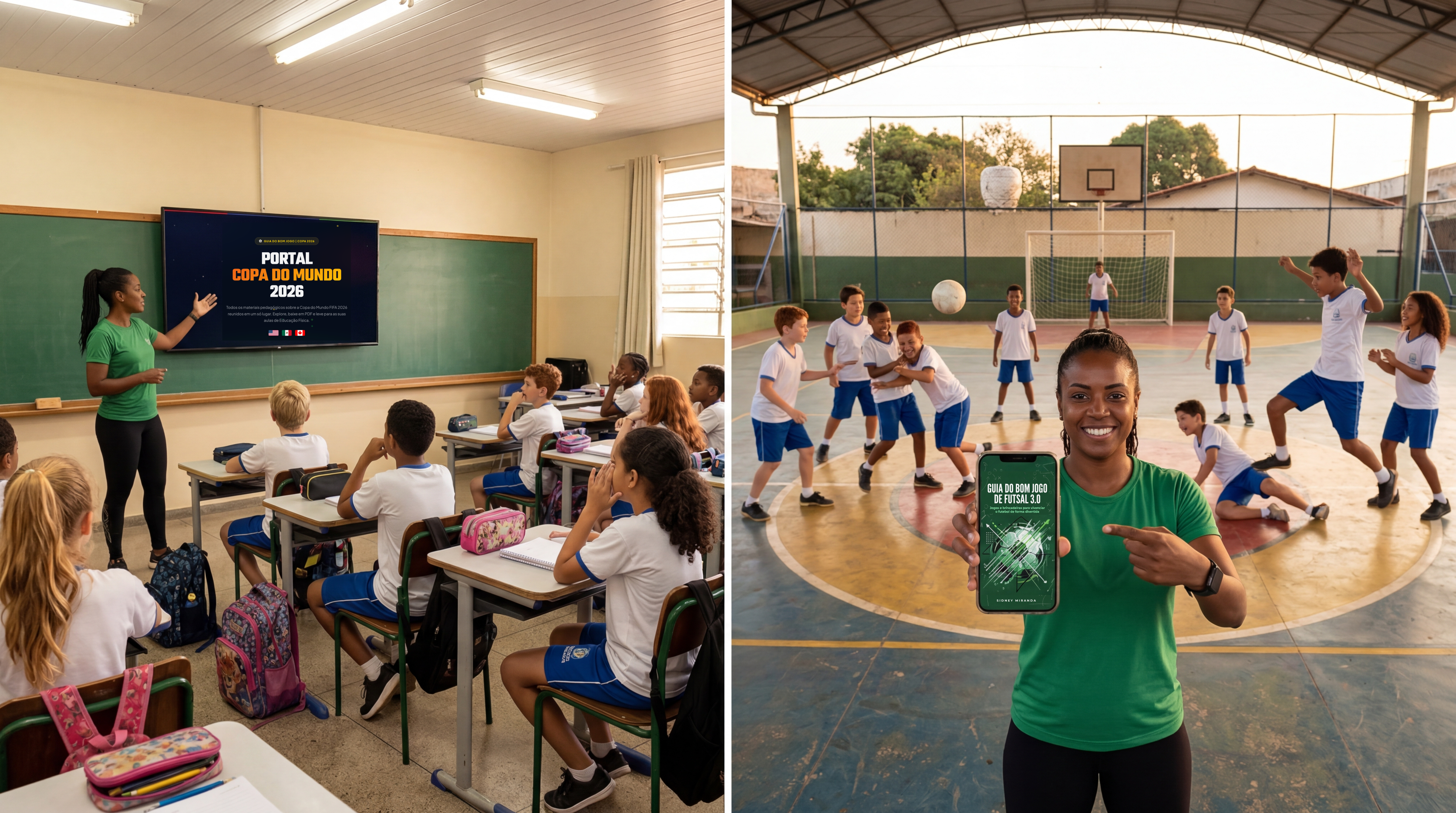 Professora mostrando o portal na sala de aula e alunos brincando na quadra