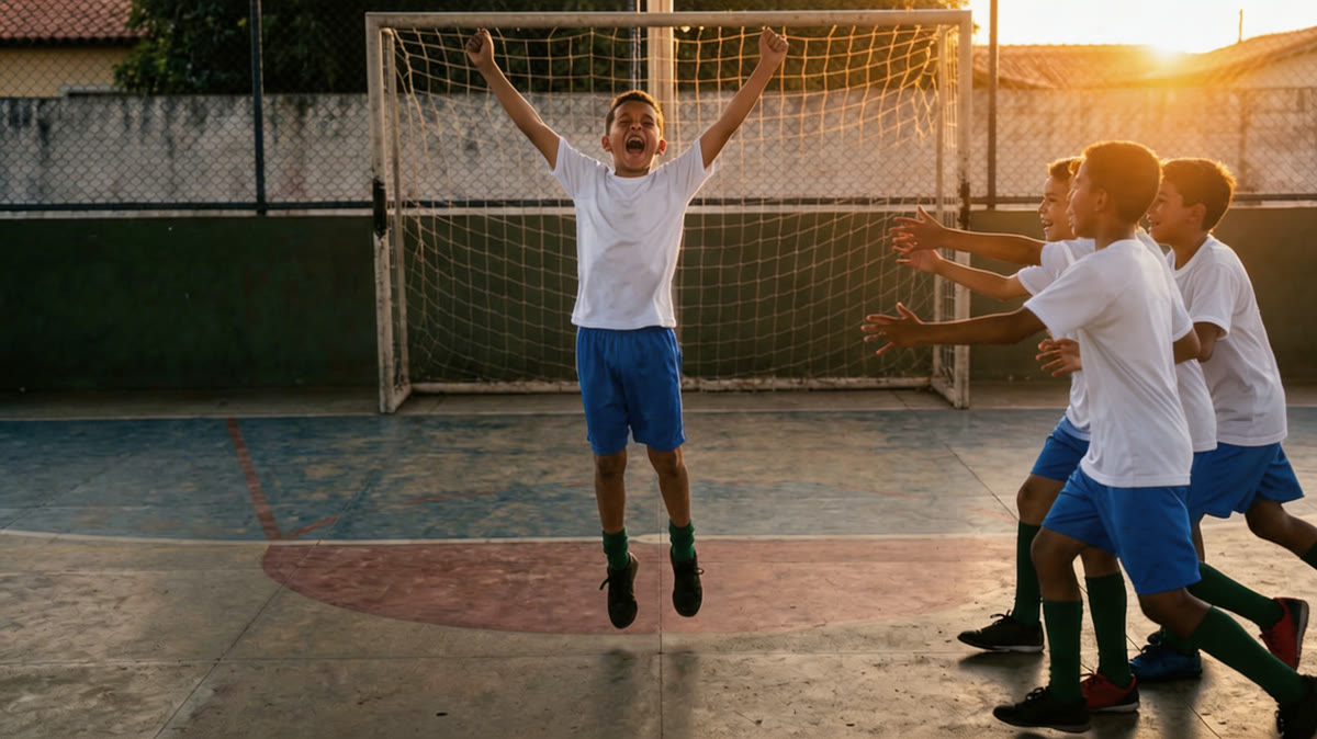 Alunos vibrando na quadra escolar